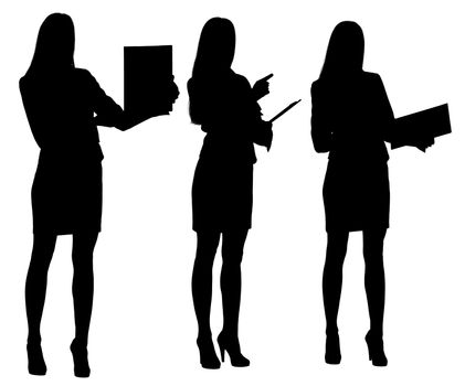 Silhouettes of businesswoman with folder in different postures, different views