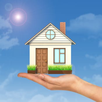 House on businesswomans hand on blue sky background 