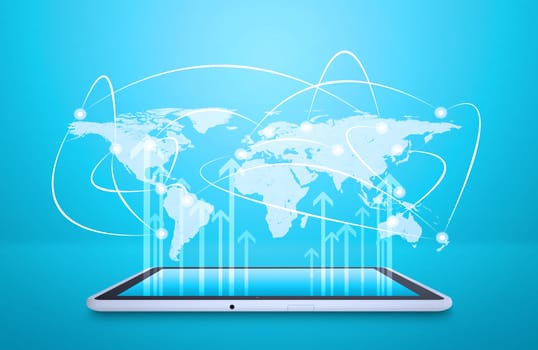 Tablet with virtual world map and connected dots on blue background