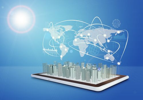 Tablet with virtual world map, cityscape and connected lines on blue background