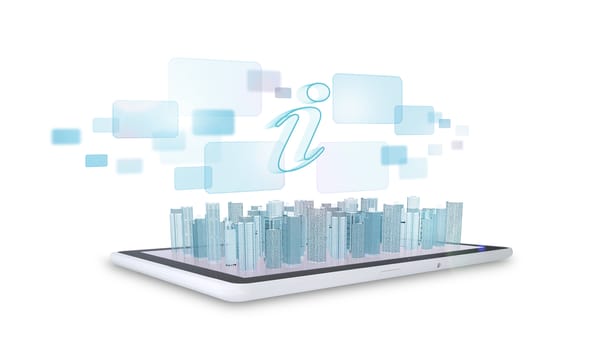 Tablet with virtual cityscape with holographic screen on isolated white background