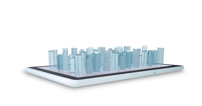 Tablet with virtual cityscape on isolated white background