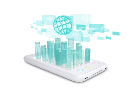 Smartphone with virtual world map, holographic screen and cityscape on isolated white background