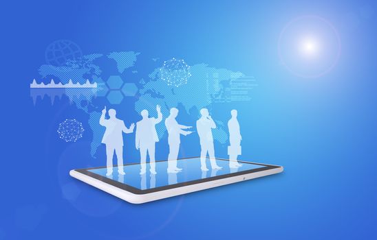 Set of businessmen silhouette on tablet with graphical charts on blue background