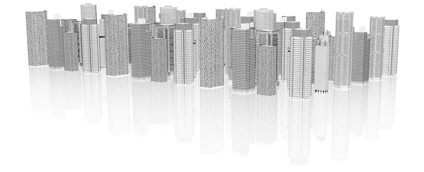Sketch of 3d cityscape with reflection on isolated white background