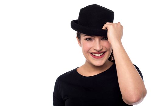 Beautiful woman with hat over white