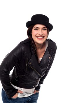 Cheerful woman posing with leather jacket