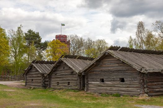 typical swedish wooden houses - farmhouse yard in stockholm