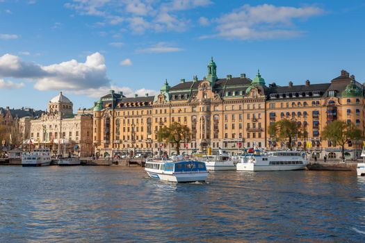 Stockholm, Sweden - April 30, 2011:  view on the harbor part of Stockholm city. Gamla Stan architecture pier in Stockholm, Sweden