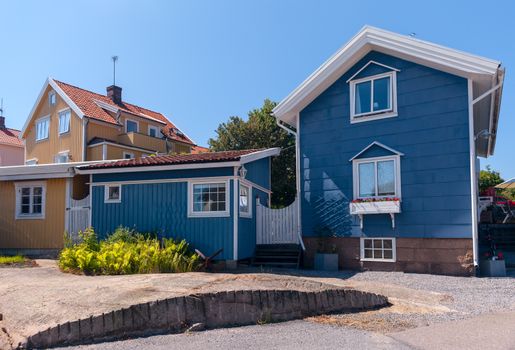 Colourful gables of the wooden sheds. Smogen, Sweden