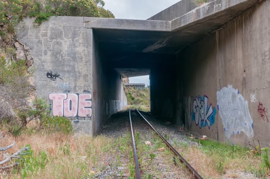 View of the old, unused roalroad in Sir Lowrys Pass in the Hottentots-Holland Mountains near Somerset West. The road pass is visible.