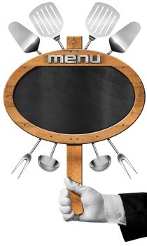 Hand of waiter with white glove holding a pole with oval empty blackboard with wooden frame, text menu and kitchen utensils. Isolated on a white background