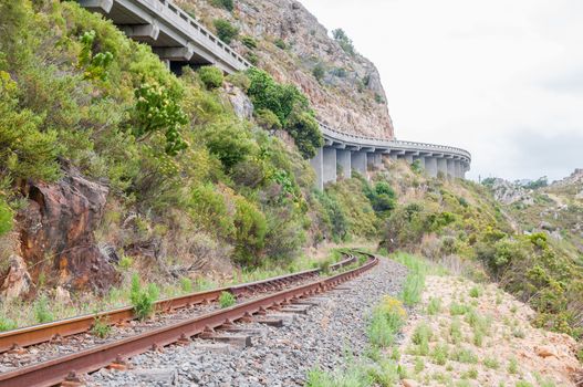 View of the old, unused roalroad in Sir Lowrys Pass in the Hottentots-Holland Mountains near Somerset West. The road pass is visible above.