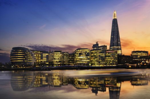 New London city hall at sunset, panoramic view from Thames river