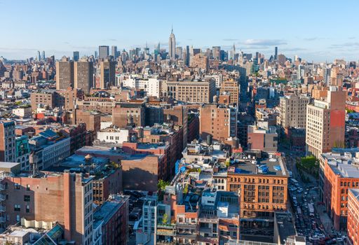 USA, NEW YORK CITY - April 27, 2012: New York City Manhattan skyline aerial view with street and skyscrapers