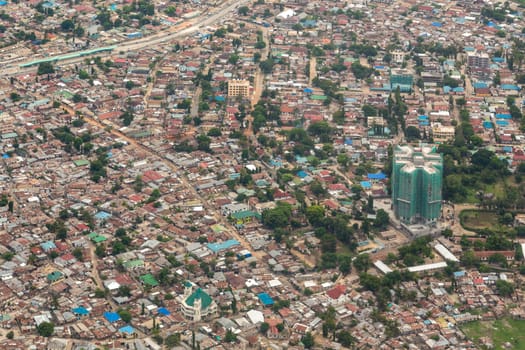 Aerial view of the city of Dar Es Salaam  showing the densely packed houses and  buildings