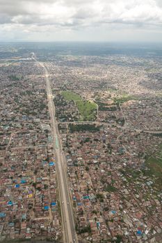 Aerial view of the city of Dar Es Salaam  showing the densely packed houses and  buildings