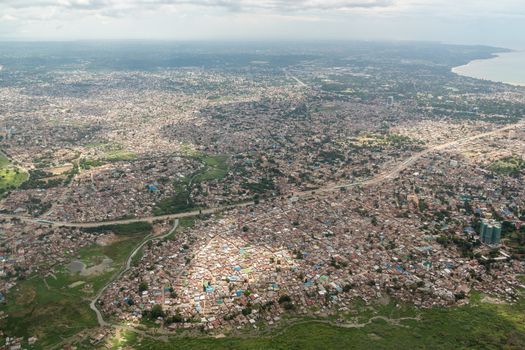 Aerial view of the city of Dar Es Salaam  showing the densely packed houses and  buildings