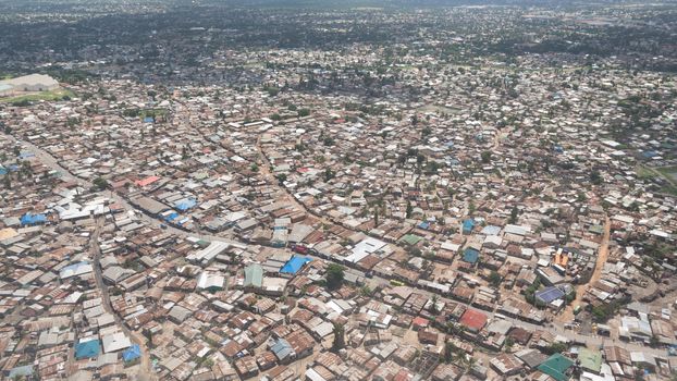 Aerial view of the city of Dar Es Salaam  showing the densely packed houses and  buildings