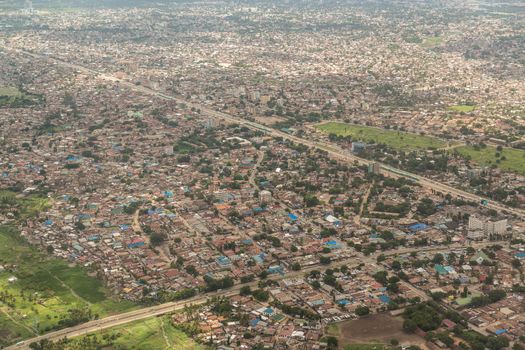 Aerial view of the city of Dar Es Salaam  showing the densely packed houses and  buildings