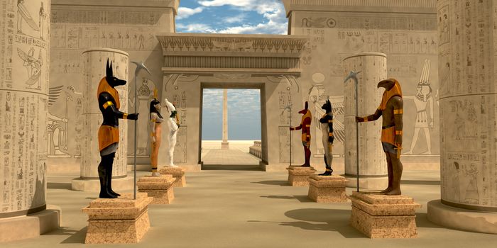 Egyptian statues of Bastet, Anubis, Atum, Hathor, Ra, and Seth stand guard in Pharaoh's temple.