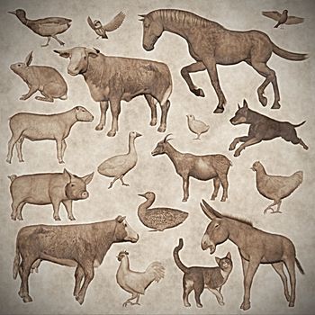 Set of farm animals vintage style isolated in white background - 3D render