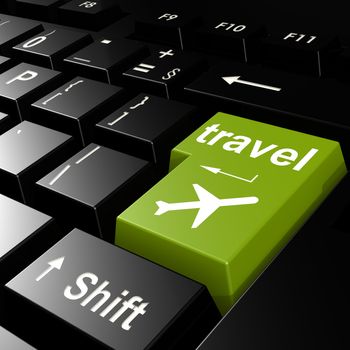 Travel with flight on green keyboard image with hi-res rendered artwork that could be used for any graphic design.