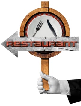 Hand of waiter with white glove holding a pole with directional sign with arrow, white plate, silver cutlery and metallic text restaurant. Isolated on white background