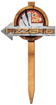 Wooden directional sign with pole, arrow and text pizzeria, white plate with a slice of pizza and silver cutlery. Isolated on white background
