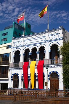 IQUIQUE, CHILE - JANUARY 22, 2015: The building of the Casino Espanol (Spanish Casino) on Plaza Prat main square on January 22, 2015 in Iquique, Chile. Iquique is a free port city in Northern Chile. 