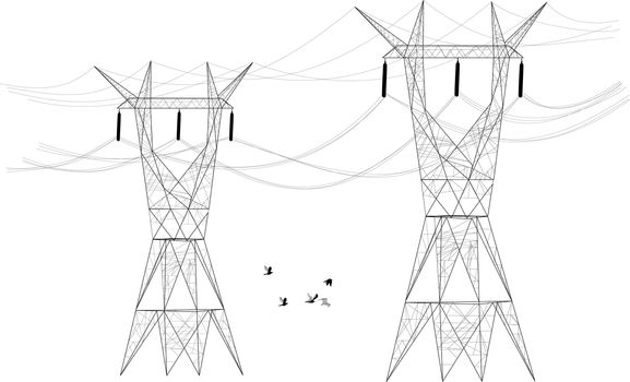Two silhouettes of electrical posts distributors stands tall as a flock of birds fly between them.