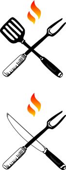 Two symbols of barbecue exemplified as crossed fork and knife, and fork and spatula, with flames above them.