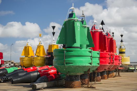 Colored navigation buoys in maintenance and storage