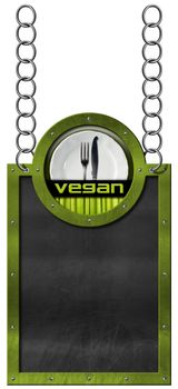 Empty blackboard with metal green frame hanging from a metal chain, vegan symbol with empty white plate and silver cutlery. Isolated on white background