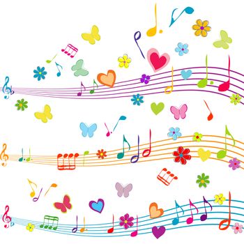 Colorful music design with stave, butterflies, hearts and flowers