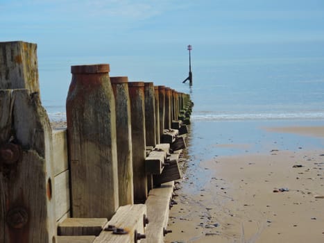 An image of Hornsea beach, showing a close-up of one of the wooden breakwaters.