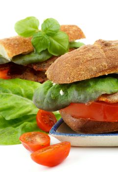 Delicious Ciabatta Sandwiches with Bacon, Tomato, Lettuce and Sauces with Ingredients closeup on white background