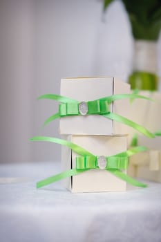 two boxes, gift with green bow on white background