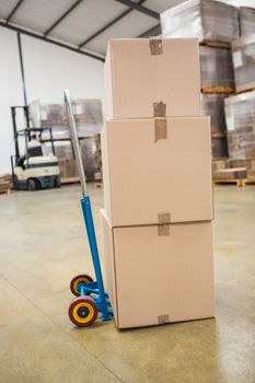 Cardboard boxes on trolley in warehouse