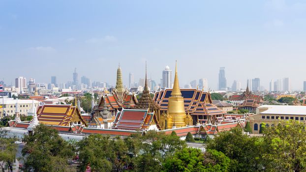 Aerial view of Grand Palace and Emerald Buddha Temple in Bangkok, Thailand