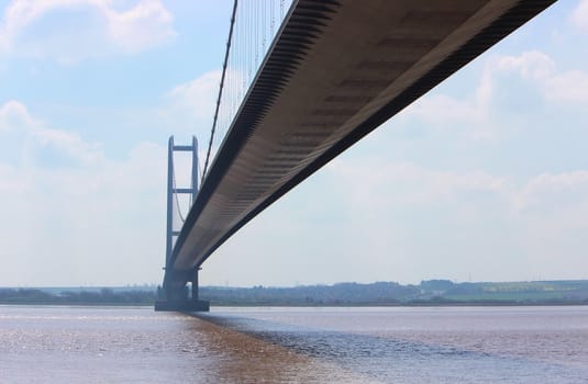 Close-up image of the Humber Suspension Bridge in Yorkshire, England.