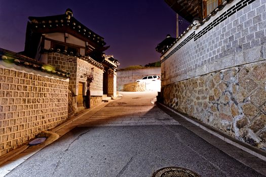 Bukchon Hanok historic district in Seoul at night, South Korea.