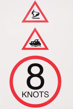 A white background with warning triangles for jetski and boat and the 8 knot speed limit in a red circle.