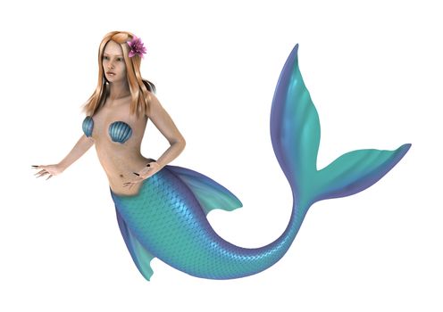 3D digital render of a beautiful fantasy mermaid isolated on white background