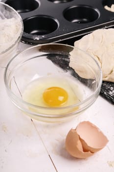 Kitchen, cuisine. Dough and eggs on the table