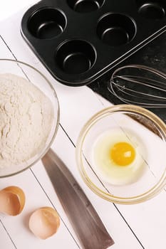 Kitchen, cuisine. Dough and eggs on the table