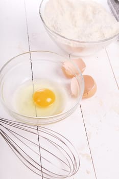 Kitchen, cuisine. Dough and eggs on the table