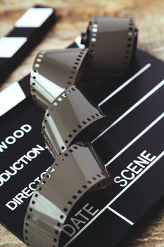 Cinematography. Vintage tape on the wooden table