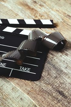 Cinematography. Vintage tape on the wooden table