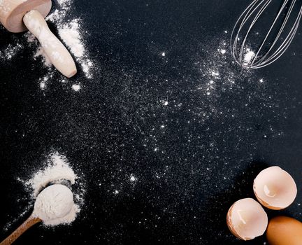 Kitchen, cuisine. Dough and eggs on the table